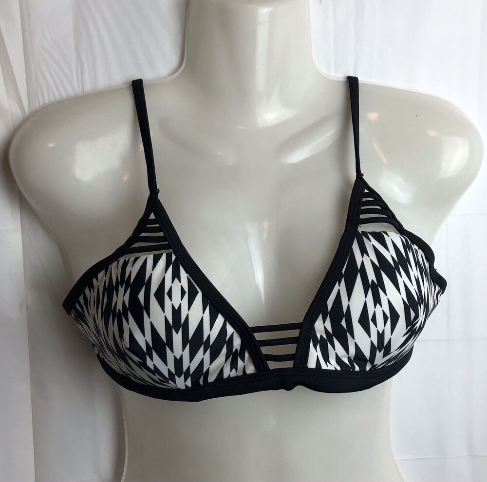 Xhilaration Bikini Top Junior M Black White Geo Print Padded Open String Detail